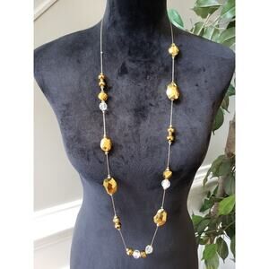 Women Gold Clear Faceted Bead Necklace Long Strand Lobster Clasp Elegant